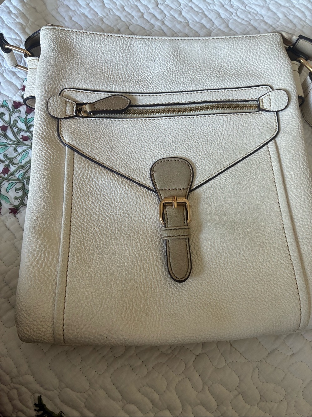 White Leather Crossbody Bag with Gold Buckle